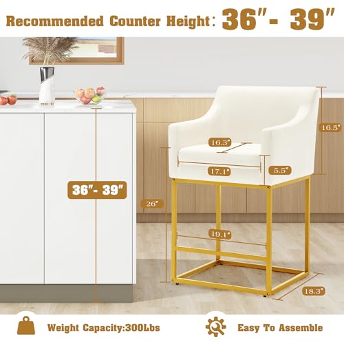 Image of WorthFurni 26 inch Counter Height Bar Stools Set of 2, Modern Counter Stools with Back, Linen Upholstered Barrel Barstools with Gold Metal Frames for Kitchen Island, Home Bar