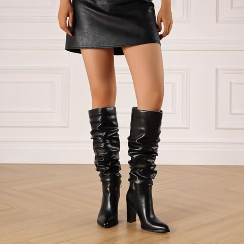 Erocalli Knee High Boots Women Fall Chunky Block High Heel Slouch Fashion Boot Pointed Toe Side Zipper Tall Long4