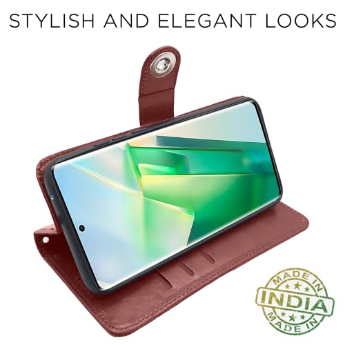 Image of Pikkme Vivo T2 pro 5G Flip Cover Leather Finish | Inside TPU with Card Pockets | Wallet Stand and Shock Proof | Complete Protection Button Flip Case (Brown)