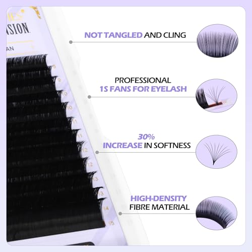 ARISON LASHES Easy Fan Lashes przedłużanie rzęs, objętościowe rzęsy wachlarzowe, do rosyjskiej objętości, matowa czerń, 0,07 mm D Curl 11-14 mm Mix