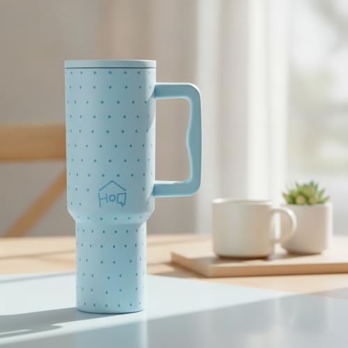 Image of House of Quirk 1200ML Stainless Steel Tumbler with Handle & Lid, 2 Straws - Large Travel Mug Water Cup for Gym, Office & Outdoor Use (Blue Polka)