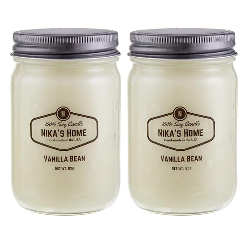 Nika's Home Vanilla Bean 12oz Mason Jar Soy Candles - 2 Pack - Hand Poured Handmade, Long Burning 50-60 Hours Highly Scented All Natural, Clean Burning Large Candle Gift Home Décor