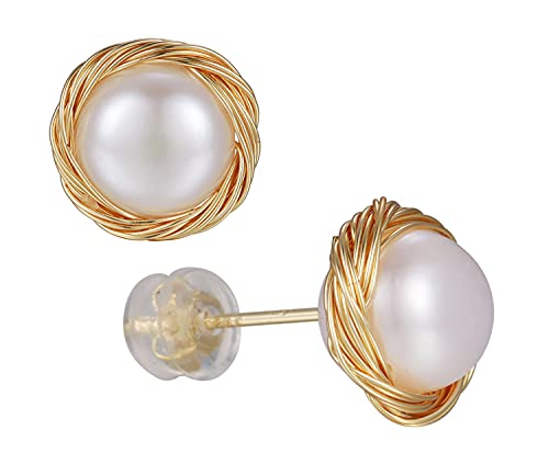 Pearl Earrings for Women Girls, 14K Real Gold Freshwater Cultured Stud Earrings, 9-9.5mm AAA+ Quality Handpicked Hypoallergenic Gold Pearl Earrings,Handmade Jewelry Gift