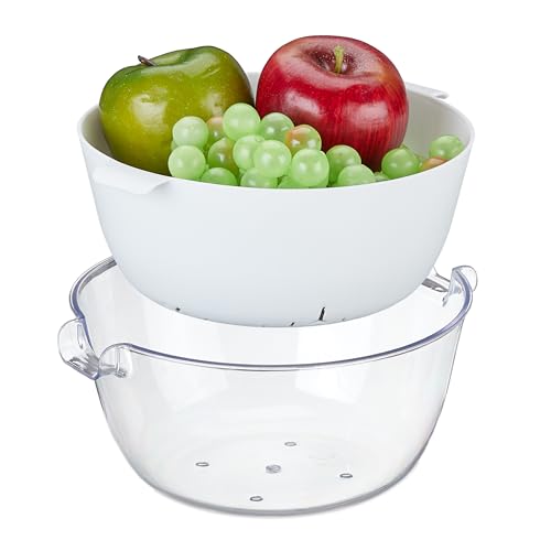 Relaxdays tazón Colador con Bol Circular, Plástico, para Lavar Frutas y Verduras, Escurridor Pasta, Asas, Transparente/Blanco, 10 x 22,5 x 21 cm
