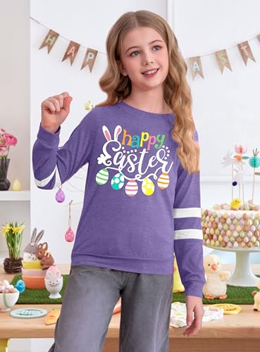 Image of Ithalt Kids Easter Shirts for Girls Cute Bunny Graphic Tshirt Easter Long Sleeve Tops 5-14y