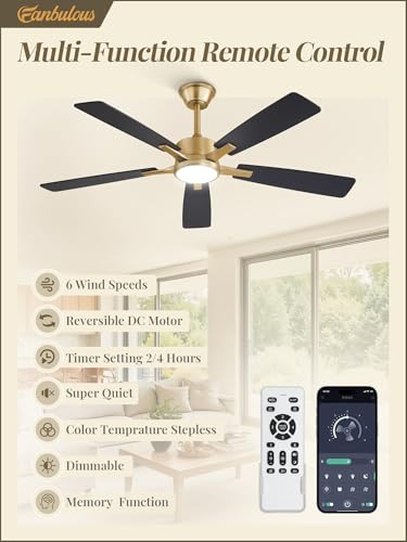 Image of Fanbulous 52 Inch Black and Gold Ceiling Fans with Lights and Remote, Stepless Color Temperature Change & Dimmable 20W LED Ceiling Fan, 6 Speeds Reversible Quiet DC Motor for Bedroom, Living Room