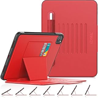 SEYMAC stock Case for iPad Air 5th/4th Generation 10.9 Inch 2022/2020 & iPad Pro 11 2021/2020/2018, Shockproof Auto Sleep/Wake Cover with [7 Angles Magnetic Stand] Pencil Holder & Card Slot, Red