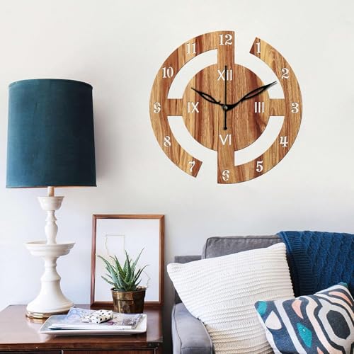 Image of SKYVILLA 12 Inch Wooden MDF Analog Wall Clock with English Numerals, Romans | Silent Quartz Movement | Lightweight Without Glass Design for Home