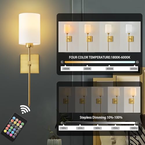 Image of Battery Operated Wall Sconce Set of Two,Wireless Rechargeable Wall Lights With Remote Control,Dimmable,4 CCT,RGB,Timer, Cordless Decor Lighting for Living Room, Bedroom, Entryway, Gold, 23.6 Inch