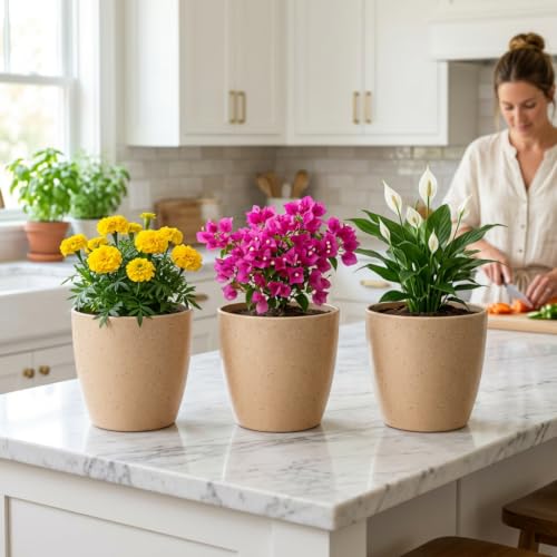 Image of YUCCABE ITALIA SHERA Stella 4 Inch Pack of 3 Piece Plastic Plant Pot for Home Decor Indoor Plant Pots for Living Room Plastic Flower Pot for Garden (Stone Beige, 10 INCH - 6 Pcs)