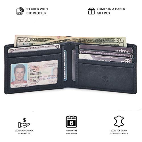 Image of Real Leather Mens Bifold Wallet RFID Blocking Slim Minimalist Front Pocket - Thin & Stylish with ID Window in Gift Box, Crazy Horse Navy, 4 inch x 3.25 inch x 0.75 inch, Minimalist