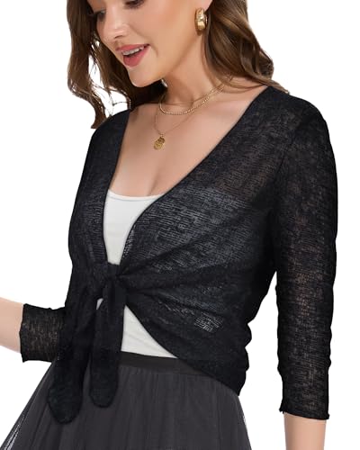 Image of Women Crop Cardigan Sheer Mesh Bolero Shrug for Dress Tie Front 3 /4 Sleeve Tops