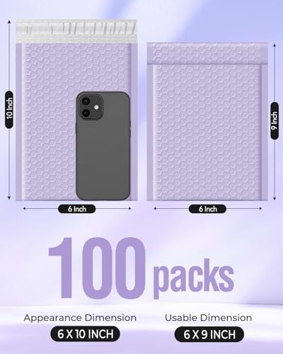 Image of Metronic Bubble Mailers 6x10 Inch 100 Pack Lilac Purple Padded Envelopes | Usable Size 6x9 inch Waterproof Bubble Envelopes Bulk for Small Business Self-Seal Padded Mailers for Jewelry #0