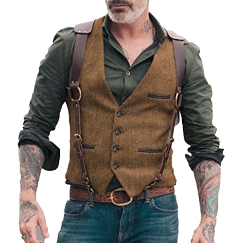 Vintage Men's Herringbone Suit Vest Slim Fit Tweed Wool Retro Business Casual Dress Waistcoat For Suit Tuxedo Blazer (Color : Brown, Size : X-Large) #TOP30