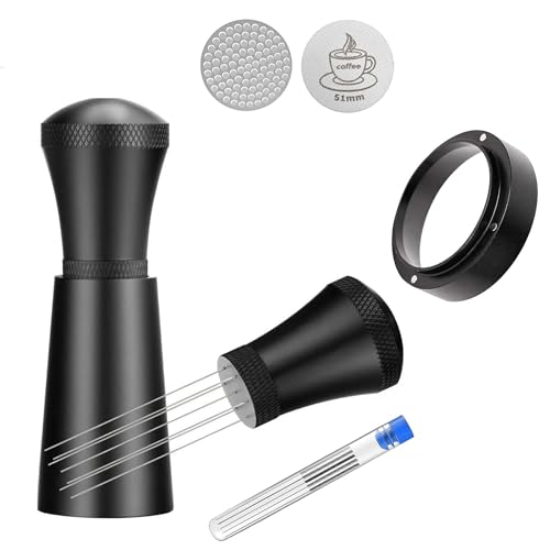 For Espresso Accessories Kit, dose funnel and oil suction net settings, 0.35mm 316 stainless steel 7-pin coffee dispensing mixer, 51mm Port Filter Dose Ring Barista Black (58.5 Espresso Puck Screen)