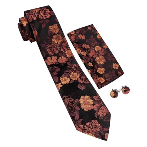 Image of Barry.Wang Flower Ties for Men Silk Woven Floral Tie Sets Necktie Handkerchief Cufflinks Wedding Party