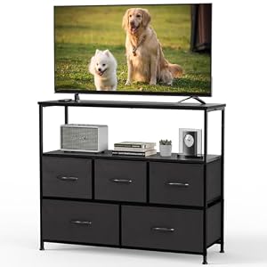 DUMOS TV Stand Media Console with LED Power Station, Open Storage Shelf & Small Accessory Drawers, Entertainment Cabinet, Living Room Bedroom Dorm Home Furniture, Black