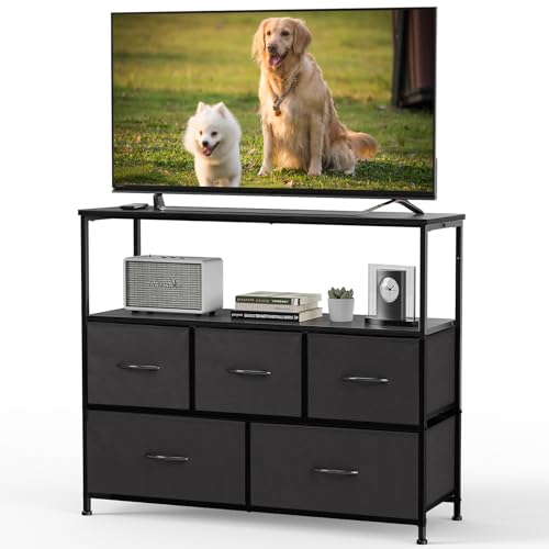 DUMOS TV Stand, Dresser with 5 Fabric Storage Drawers, Media Console Featuring Open Shelf for TV, Compact Entertainment Unit for Bedroom, Living Space, or Dorm Organization, Black