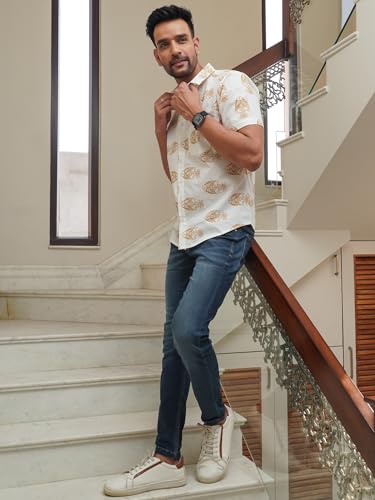 Image of Yellow Fish Print on White Cotton Shirt for Men | All-Day Casual Comfort - Breathable cotton blend fabric engineered for premium softness and durable everyday wear.