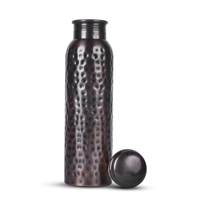 Pure Copper Water Bottle - 34oz - Handmade 1 Liter Leak Proof Handcrafted Vessel For Drinking With Ayurvedic Health Benefits for Sports Fitness Yoga Drink More Water - Antique Black Brown Hammered