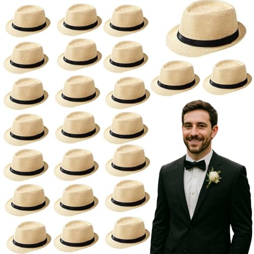 Reviews de Sombreros Panamá para Mujer los 10 mejores. 42 GEWURIZXY - Paquete de 24 sombreros Fedora a granel para boda, playa, sombrero de Panamá de ala corta para invitadas a las mujeres, recuerdos de fiesta, circunferencia 58 cm...