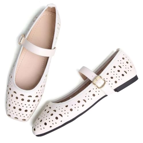 Women Summer Mary Jane Flats Breathable Low Heel Fashion Dress Shoes Square Toe Buckle Strap Casual Office Beach Shoes