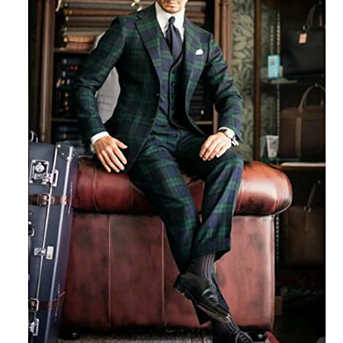 Men Green Plaid Blazer Vintage Checkered Slim Fit Prom Tuxedo Grooms Wedding Fashion 3 Pieces Suit Jacket Pants Vest4