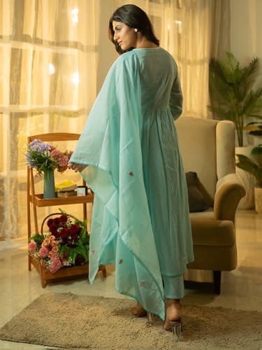 Image of INDO ERA Women's A-Line Pure Cotton Floral Embroidered Kurta & Pant with Dupatta Set (R2STR9793)