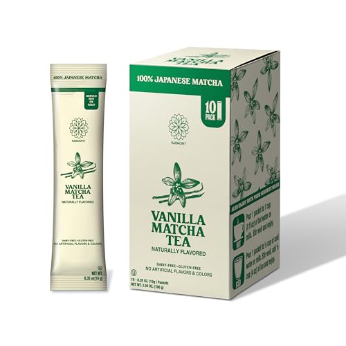 Harmony Matcha Vanilla – Premium Japanese Matcha Powder, Shade-Grown & Stone-Ground, Rich in Antioxidants & L-Theanine, Sweetened with Organic Sugar, No Preservatives, 10 Stick Packs