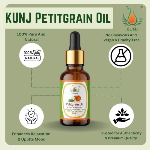 Image of KUNJ Petitgrain Essential Oil 30ml - Pure Steam Distilled Citrus aurantium Oil for Aromatherapy, Diffuser, Relaxation, Emotional Balance, Calm Mood, Stress Relief & Skin Care | 100% Natural