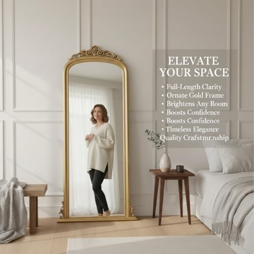 Image of APRODZ Tall Gold Ornate Full Length Mirror 80x180 cm | Vintage Decorative Wall & Leaner Mirror | Luxury Classic Full Body Dressing Mirror for Bedroom, Living Room & Hallway