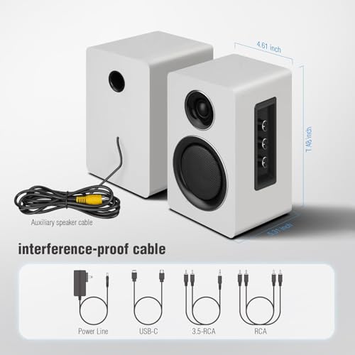 Image of Computer Speakers for Desktop PC, Active Bookshelf Speaker with 3 inch Carbon Fiber Woofer and Silk Film Tweeter, Supports Bluetooth 5.3, USB-C, AUX /RCA Input for Record Player TV - White Stereo Set