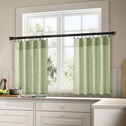 MIULEE Sage Green Kitchen Curtains 36 Inch Length 2 Panels, Soft Thick Linen Textured Semi Sheer Light Filtering Short Cafe Tier Curtains for Small Half Window Bathroom Laundry Back Tab Rod Pocket