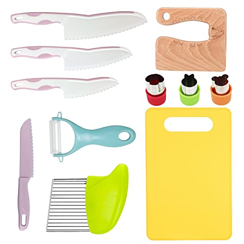 Image of 11 Pieces Wooden Kids Kitchen Knife, Pink Kids Knife Set Include Wood Kids Knife, Serrated Edges Plastic Toddler Knife, Crinkle Cutter, Sandwich Cutter, Y Peeler, Cutting Board