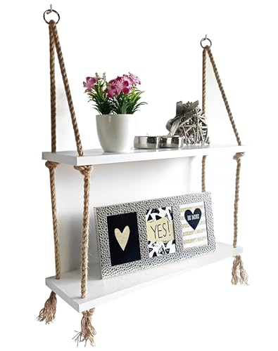 ZARWALD 2 Tier Holz Hängendes Regal Weiß mit Seil - Wandregal...