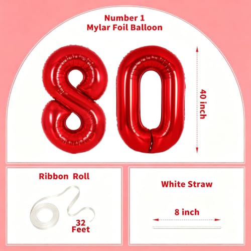 Image of Number Balloons Red Party Balloon - 40 Inch Large Number 80 Balloon, Numbers Balloon Birthday Decorations, Red Party Supplies for Anniversary