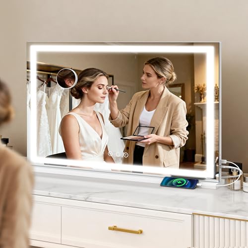 Image of ROLOVE 39 inch x 28 inch Extra Large Vanity Mirror with Lights, Lighted Makeup Mirror with USB Charging Port & 10X Magnifier, 3 Color Dimmable Smart Touch, Wall Mounted or Tabletop Desk Mirror, White