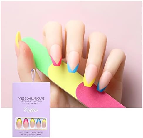 Press on nails short multicolor color french false nails short coffin acrylic nails shiny for women and girls 24 pcs