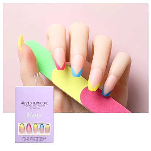 Press On Nails Short Multicolor Color French False Nails Short Coffin Acrylic Nails Shiny For Women And Girls 24 Pcs #TOP16