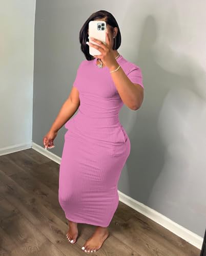 Image of Women's Casual Short Sleeve Dress T Shirt Bodycon Dresses Ribbed V Neck Maxi Sundress Basic Party Club Dress with Pocket