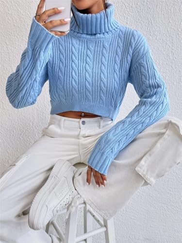 Image of Women's Fall Winter Long Sleeve Turtleneck Cropped Sweater Ribbed Cable Knit Pullover Jumper Solid Sweater Crop Tops