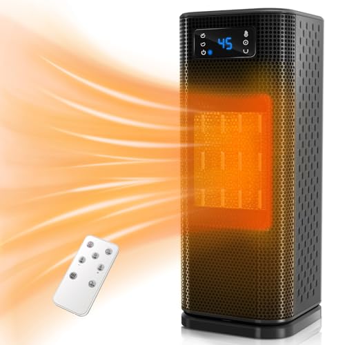 Calefactor Eléctrico 1500W, Calefactor Cerámico Portátil Bajo Consumo, 3 Modos 15-45°C Ajustable 1-12 H Temporizador y 70°Oscilación Mando a Distancia Calentamiento Rápido para Hogar Oficina Baño
