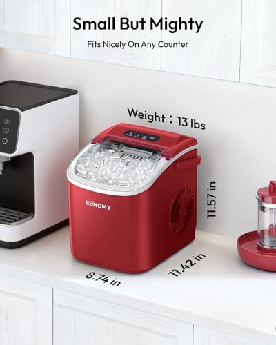 Image of EUHOMY Countertop Ice Maker Machine with Handle, 26lbs Per Day, 9 Ice Cubes Ready in 6 Mins, Auto-Cleaning Portable Ice Maker with Basket and Scoop, for Home /Kitchen /Camping /RV (Red)