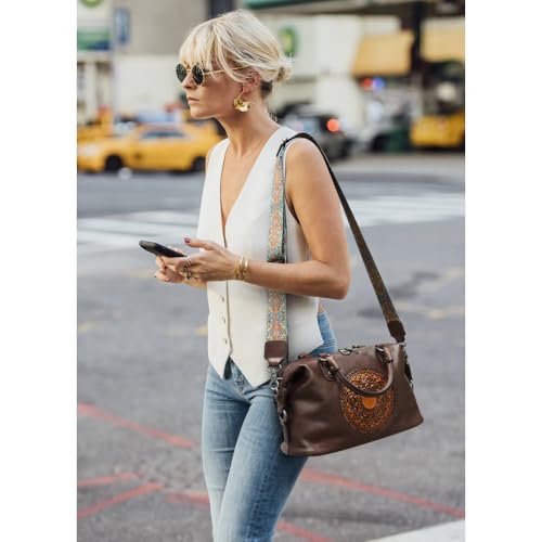 Image of Leather Handbag for Women, Genuine Leather Purses Retro Mandela Crossbody Handbag Tote Bag