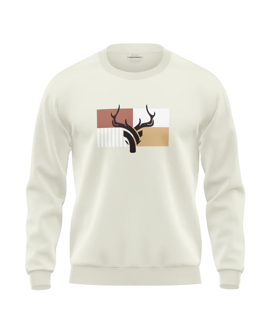 warriorworld Men's Cotton Sweatshirt with Abstract Antler Graphic | Stylish Crew Neck Pullover | Color Block Design-picture-32