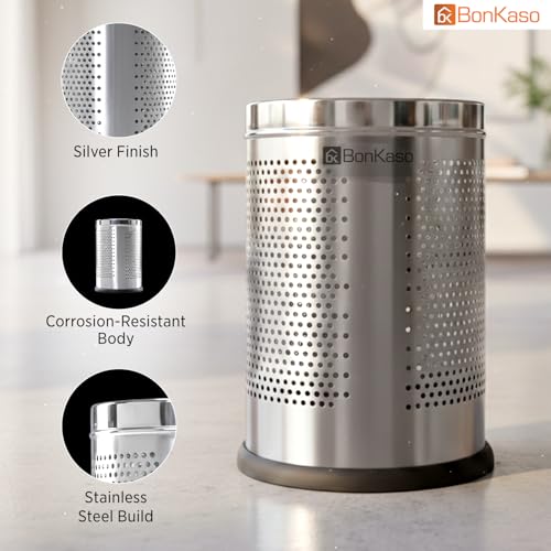 Image of Bonkaso 9L Stainless Steel Perforated Dustbin (8x12 Inch), Open Top Trash Bin Without Lid, Rust Proof & Durable Garbage Can for Home, Kitchen, Bathroom & Office Use, Silver Finish
