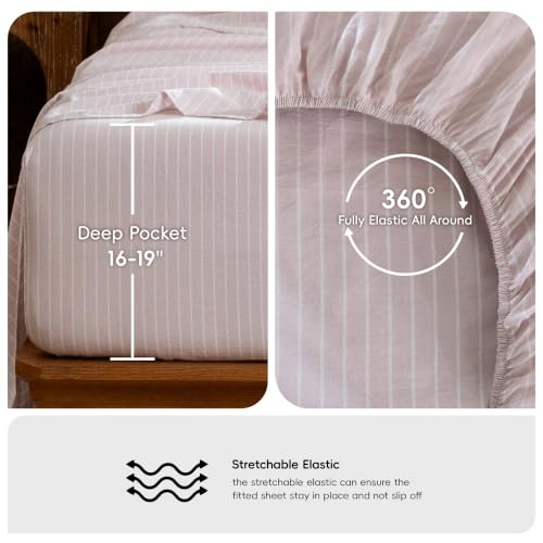 Image of MooMee Striped Sheet Set 100% Washed Cotton Linen Like King