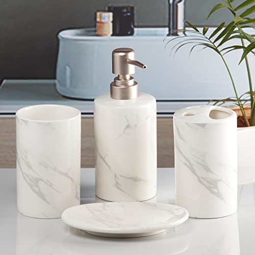 Image of SaSaSa Ceramic Bathroom Accessories Set of 4 Modern Bath Set with Soap Dispenser & Toothbrush Holder, Luxury Home & Gift Idea, White /Light Grey (8478)