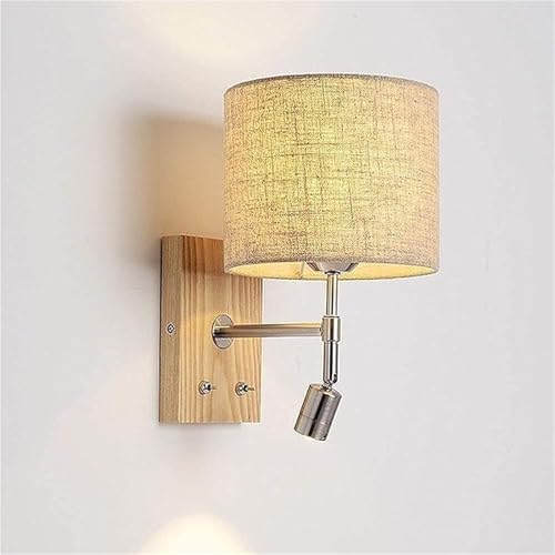 MEVZHH Luz de Pared de Madera Escandinava con Sombra de Tela Sconce de Pared Interior con 3 Wqueño Foco Y Interruptor de Encendido/Apagado Lámparas de Pared Modernas Y Sconces para la Lectura Al Lad