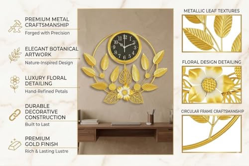 Image of Arcanine Silent Wall Clock Decor Creative Metal Leaf Design Large Wall Clocks Battery Operated Non Ticking Decoration Mute Wall Clock for Living Room (AR-12)